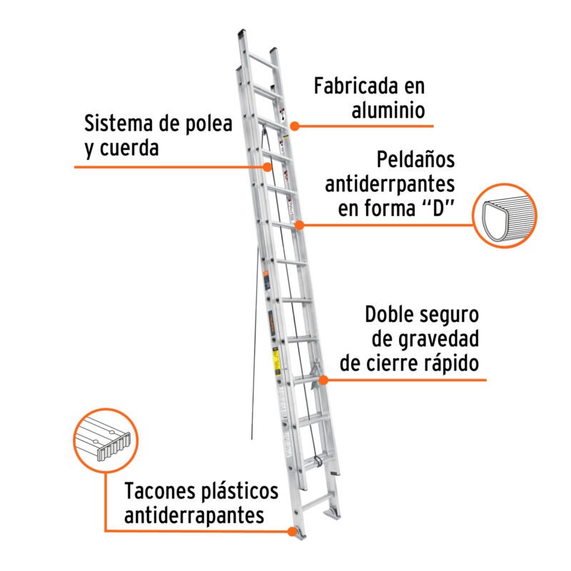 ESE-24FC2.jpg Código: 16028 Escalera de extensión, tipo III, 24 peldaños, Truper ESE-24