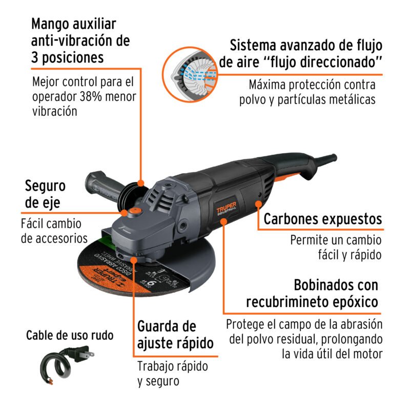 Código: 12483 Esmeriladora angular 9', 2450W, TRUPER INDUSTRIAL ESMA-9N4