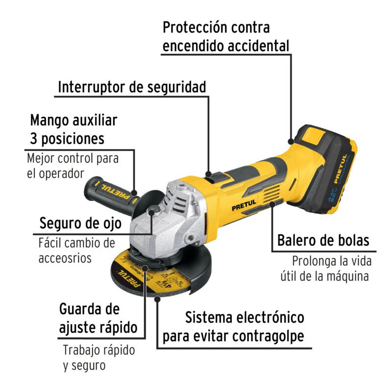 ESMI-20PFC1.jpg Código: 28267 Esmeriladora 4-1/2', 20V, 1 batería 4Ah, PRETUL ESMI-20P