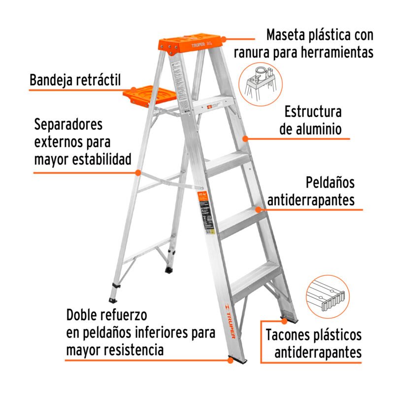 EST-24FC1.jpg Código: 10264 Escalera de tijera tipo ll 4 peldaños y bandeja, Truper EST-24