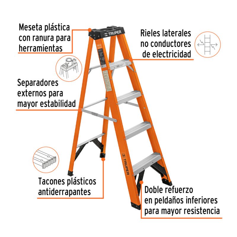 EST-24FVFC2.jpg Código: 100224 Escalera de tijera, tipo ll, 4 peldaños, fibra de vidrio EST-24FV