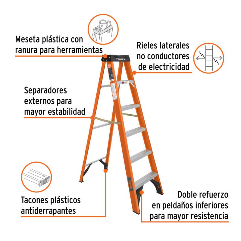 Código: 100225 Escalera de tijera, tipo ll, 5 peldaños, fibra de vidrio EST-25FV