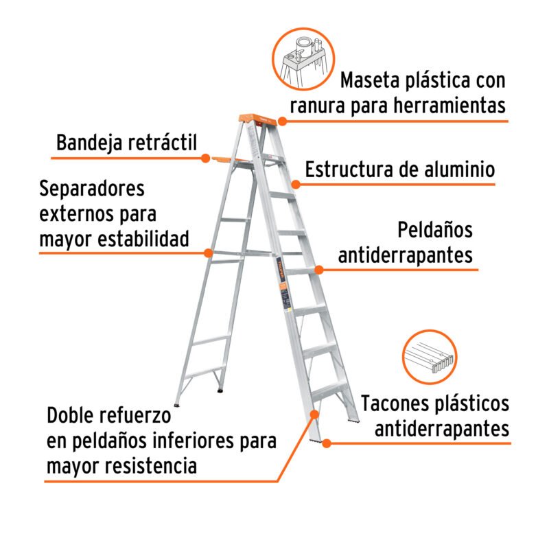 EST-27FC1.jpg Código: 10337 Escalera de tijera tipo II 7 peldaños y bandeja, Truper EST-27