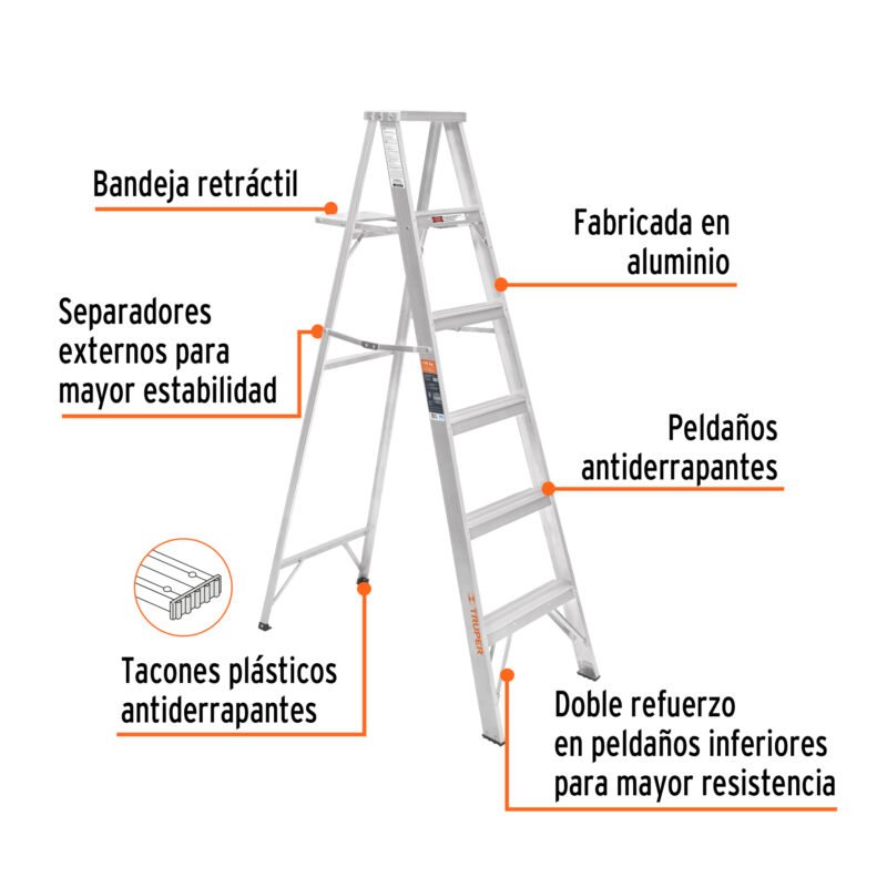 Código: 10450 Escalera de tijera 100% aluminio tipo ll 5 peldaños, Truper ESTA-25