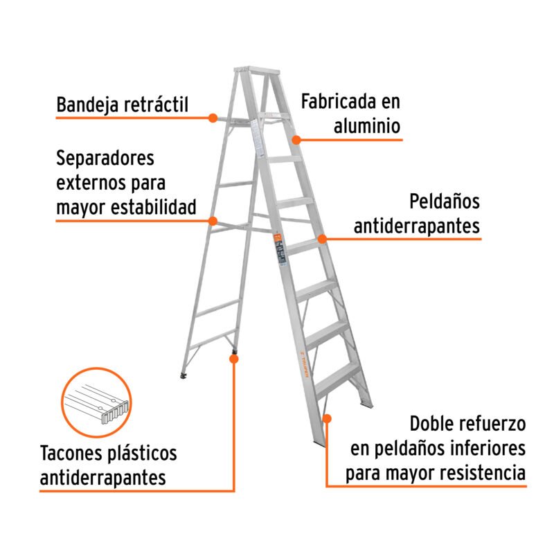 Código: 10460 Escalera de tijera 100% aluminio tipo ll 7 peldaños, Truper ESTA-27