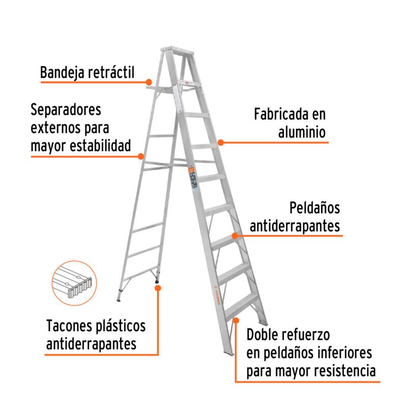ESTA-28FC1.jpg Código: 10469 Escalera de tijera 100% aluminio tipo ll 8 peldaños, Truper ESTA-28