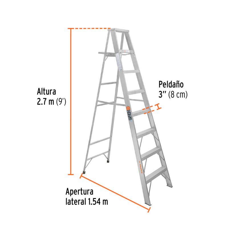 ESTA-28FC2.jpg Código: 10469 Escalera de tijera 100% aluminio tipo ll 8 peldaños, Truper ESTA-28
