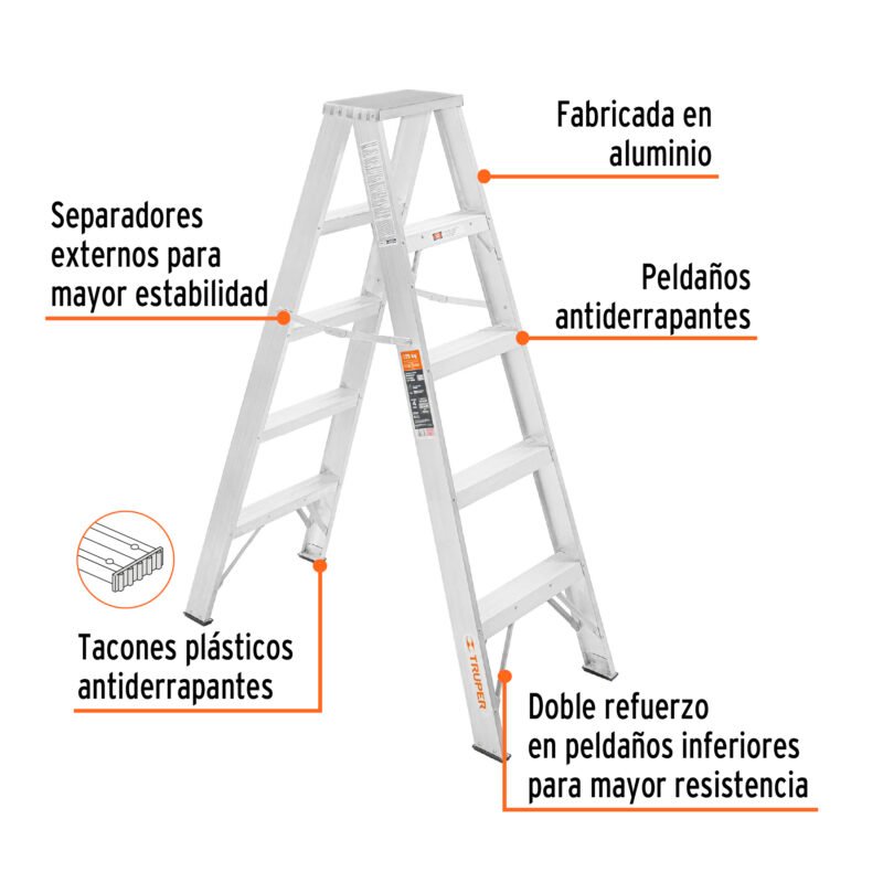 ESTD-24FC1.jpg Código: 10495 Escalera de tijera doble, tipo ll, 4 escalones, Truper ESTD-24