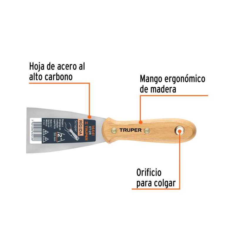 Código: 14441 Espátula rígida 2' con mango de madera, Truper ET-2R