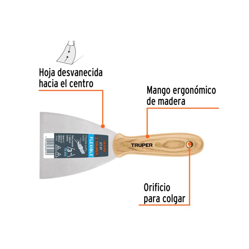 Código: 14449 Espátula flexible 3' con mango de madera, Truper ET-3F