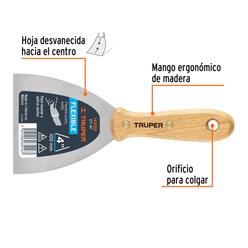 ET-4FFC1.jpg Código: 14450 Espátula flexible 4' con mango de madera, Truper ET-4F