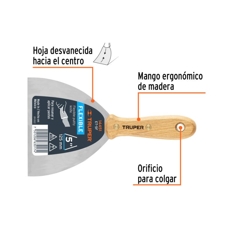 ET-5FFC1.jpg Código: 14451 Espátula flexible 5' con mango de madera, Truper ET-5F