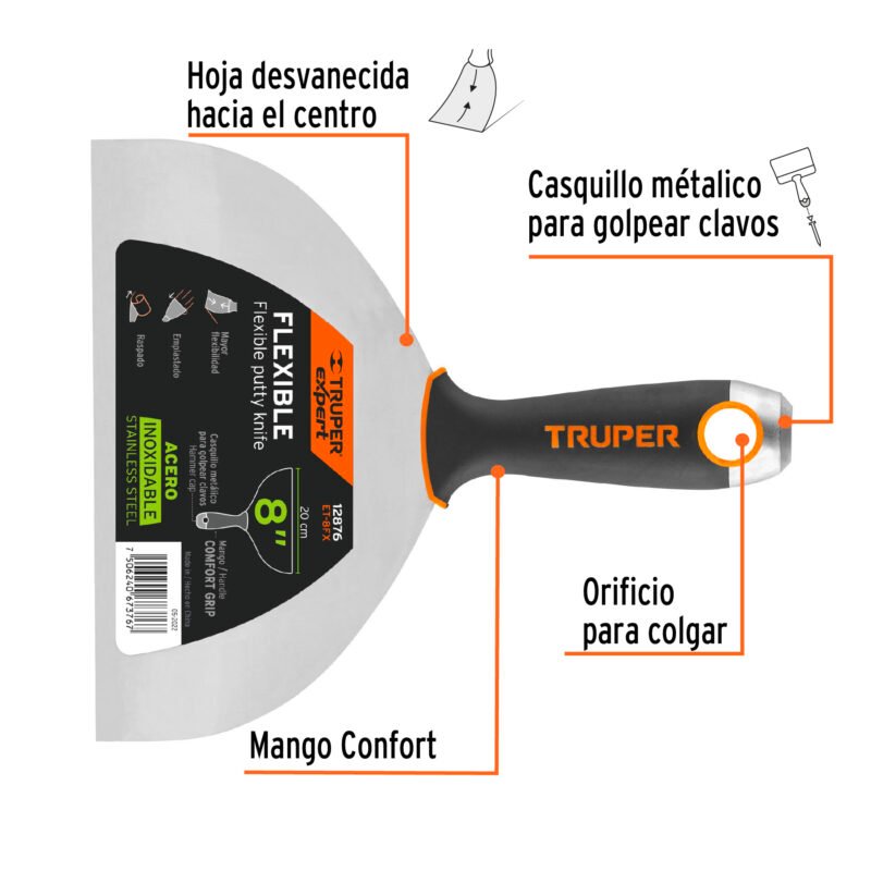Código: 12876 Espátula flexible 8' acero inox. mango Comfort Grip, Expert ET-8FX