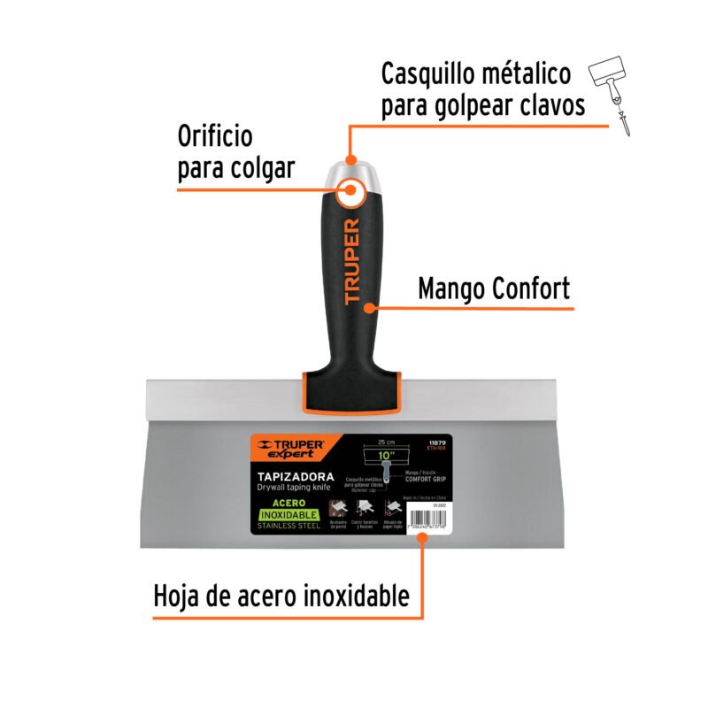 ETA-10XFC1.jpg Código: 11879 Espátula tapizadora de 10' acero inoxidable, Truper Expert ETA-10X