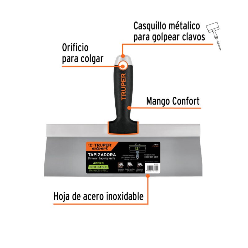 Código: 11881 Espátula tapizadora de 12' acero inoxidable, Truper Expert ETA-12X