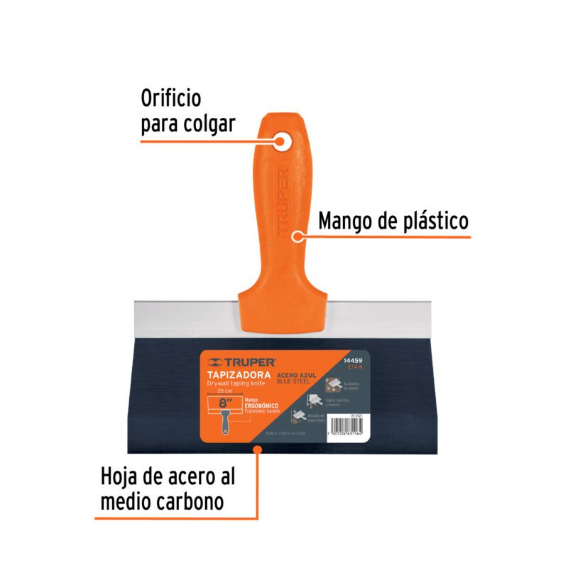 ETA-8FC1.jpg Código: 14459 Espátula tapizadora de 8' acero al medio carbono, Truper ETA-8
