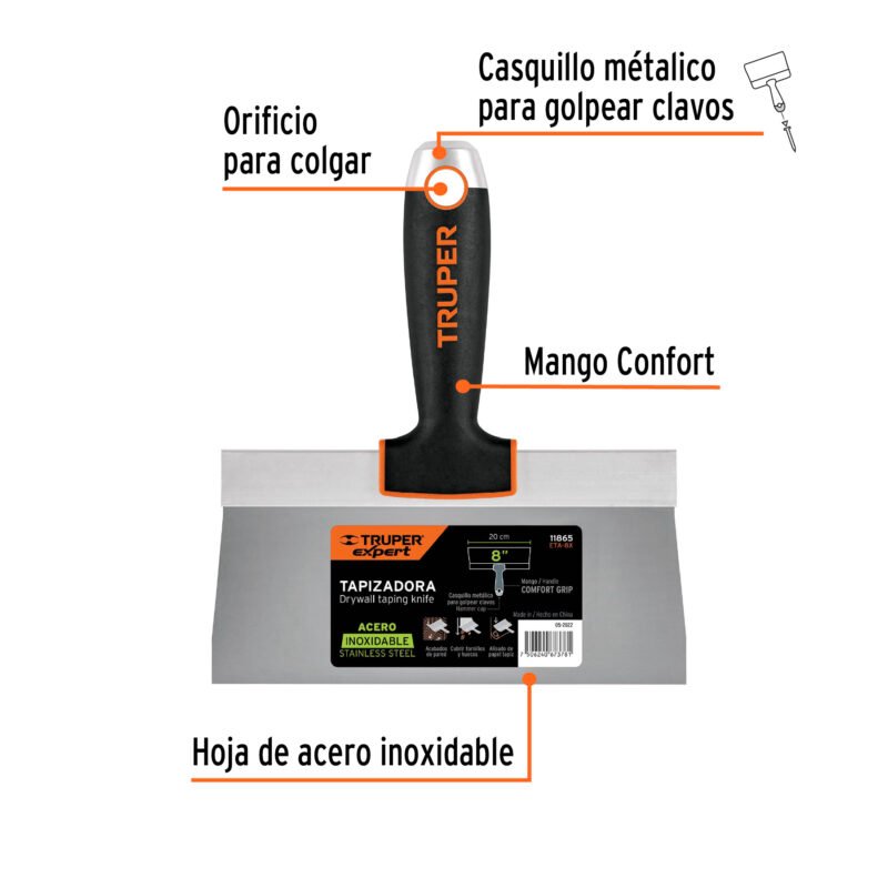 ETA-8XFC1.jpg Código: 11865 Espátula tapizadora de 8' acero inoxidable, Truper Expert ETA-8X