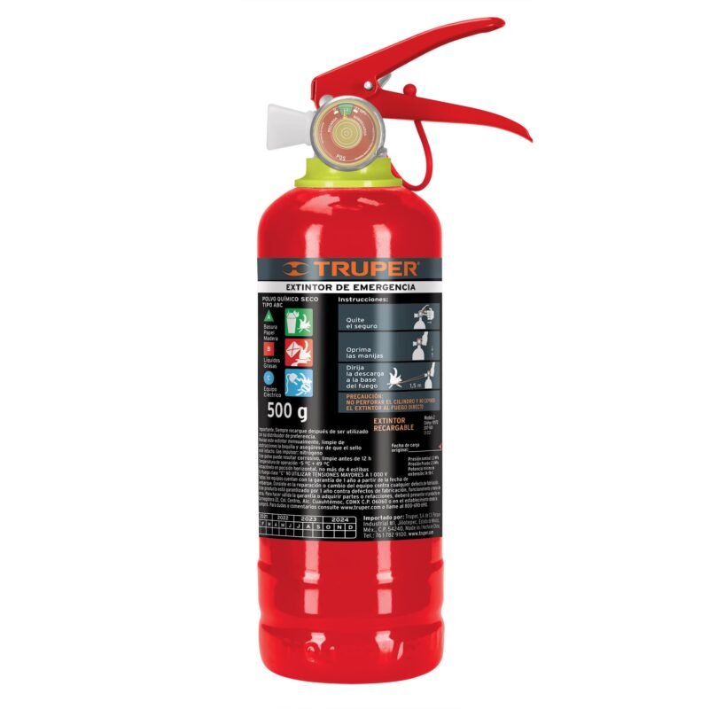 EXT-500.jpg Código: 101172 Extintor portátil recargable 0.5 kg, polvo tipo ABC, Truper EXT-500