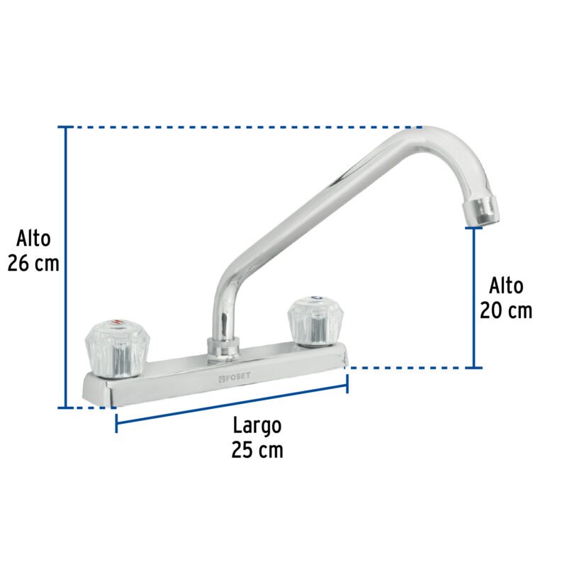Código: 49240 Mezcladora 8' fregadero cromo, cuello largo, acrílico, BASIC F-318A