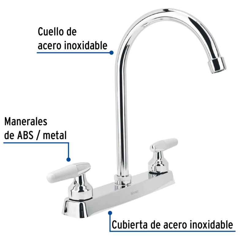 Código: 45619 Mezcladora 8' fregadero cromo, cuello curvo, cono, BASIC F-320I