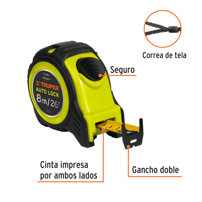 FA-8MFC1.jpg Código: 10749 Flexómetro Auto-Lock contra impactos 8 m cinta 25 mm, Truper FA-8M