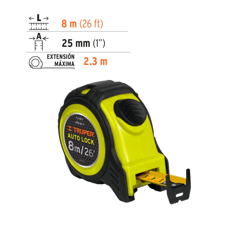 FA-8MFC2.jpg Código: 10749 Flexómetro Auto-Lock contra impactos 8 m cinta 25 mm, Truper FA-8M
