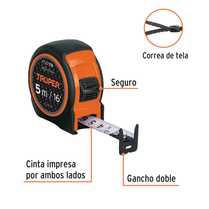 FCG-5MFC1.jpg Código: 12772 Flexómetro compacto contra impactos 5 m cinta 19 mm, TRUPER FCG-5M