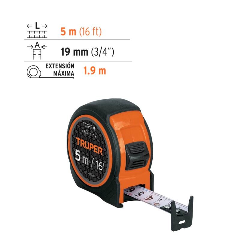 FCG-5MFC2.jpg Código: 12772 Flexómetro compacto contra impactos 5 m cinta 19 mm, TRUPER FCG-5M