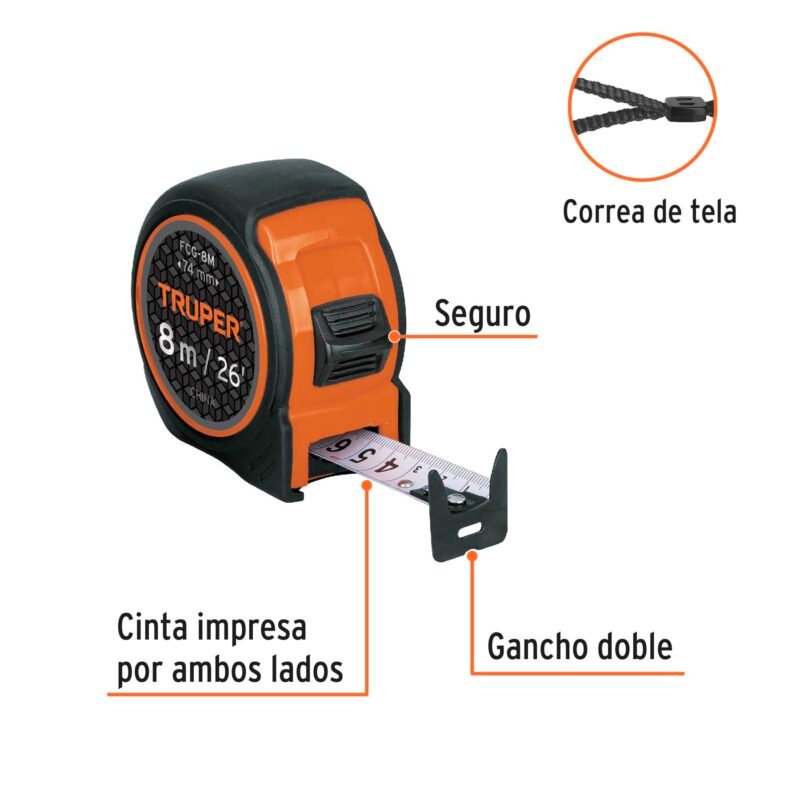 FCG-8MFC1.jpg Código: 12774 Flexómetro compacto contra impactos 8 m cinta 25 mm, TRUPER FCG-8M