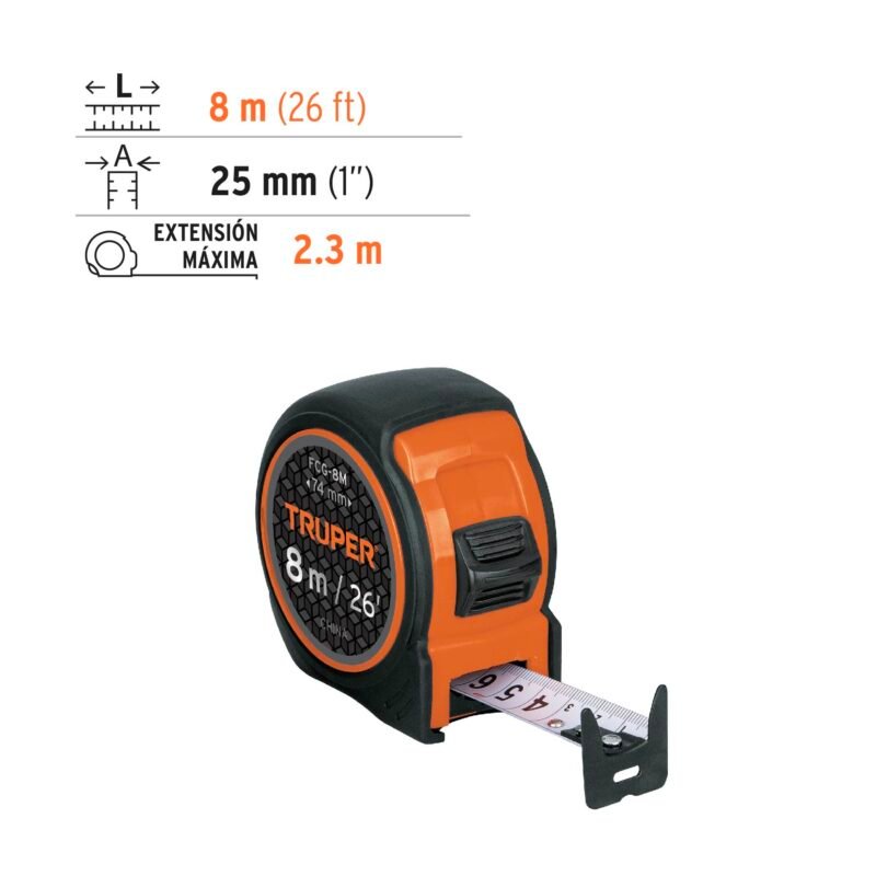 FCG-8MFC2.jpg Código: 12774 Flexómetro compacto contra impactos 8 m cinta 25 mm, TRUPER FCG-8M
