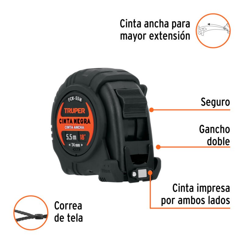 FT-CAMBIOS CAT 23 A 24_Pag. 206 Código: 11745 Flexómetro contra impactos 5.5 m, Cinta Negra 25 mm, Truper FCN-55M