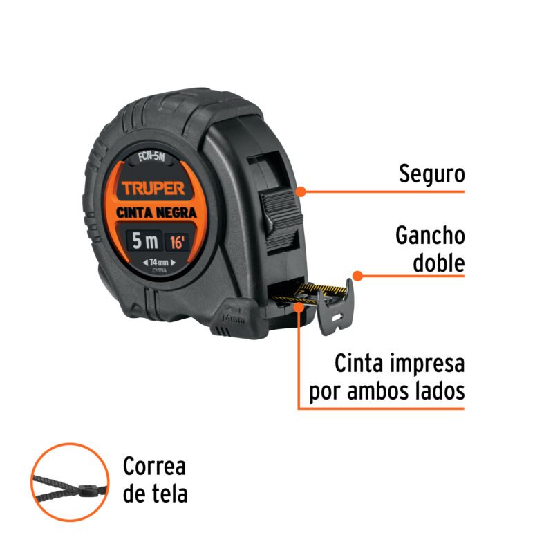 FCN-5MFC1.jpg Código: 102598 Flexómetro contra impactos 5 m, Cinta Negra 19 mm, Truper FCN-5M