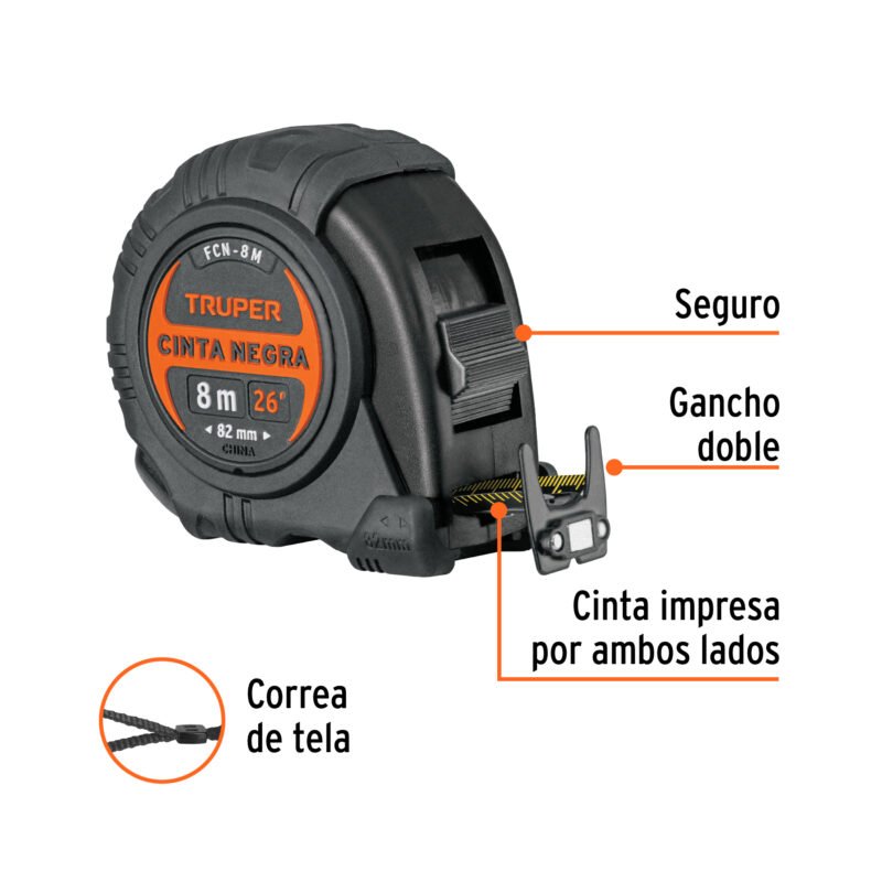 FCN-8MFC1.jpg Código: 11747 Flexómetro contra impactos 8 m, Cinta Negra 25 mm, Truper FCN-8M