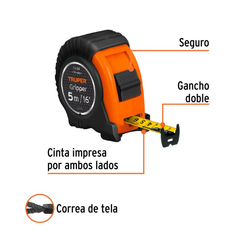 FH-5MFC1.jpg Código: 14578 Flexómetro Gripper contra impactos 5 m cinta 19 mm, Truper FH-5M