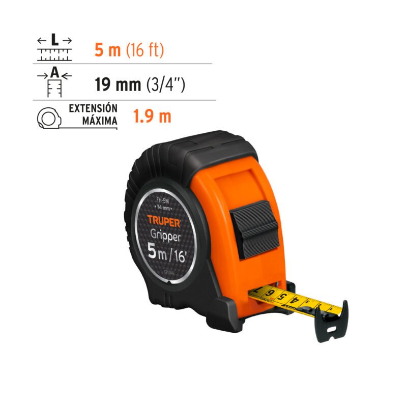 FH-5MFC2.jpg Código: 14578 Flexómetro Gripper contra impactos 5 m cinta 19 mm, Truper FH-5M