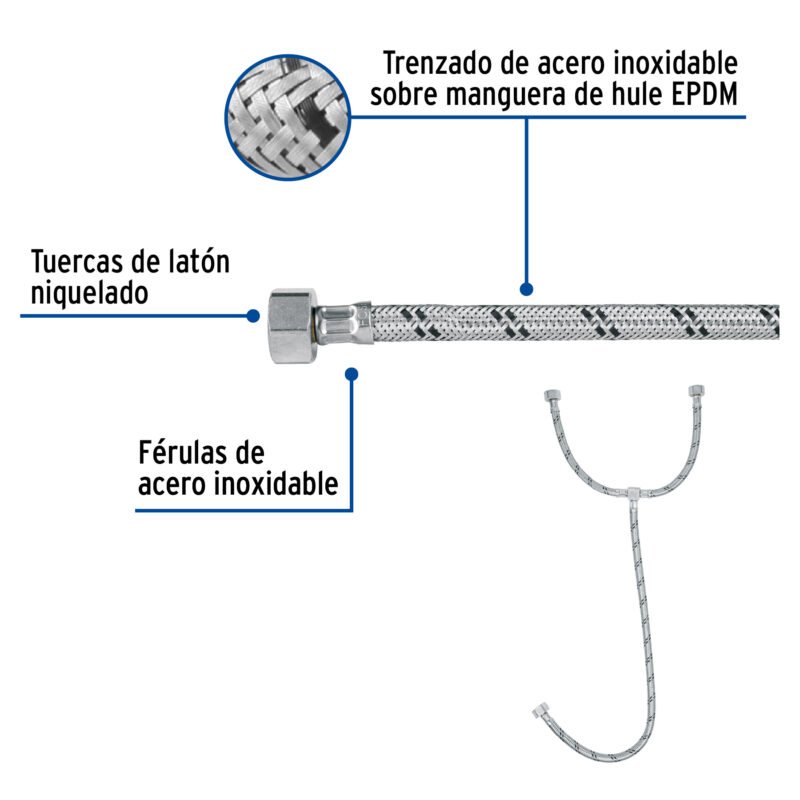 FTE-55XLFC1.jpg Código: 45506 Manguera 'T' lavabo/fregadero,acero inox,3/8'x1/2'x1/2',55cm FTE-55XL
