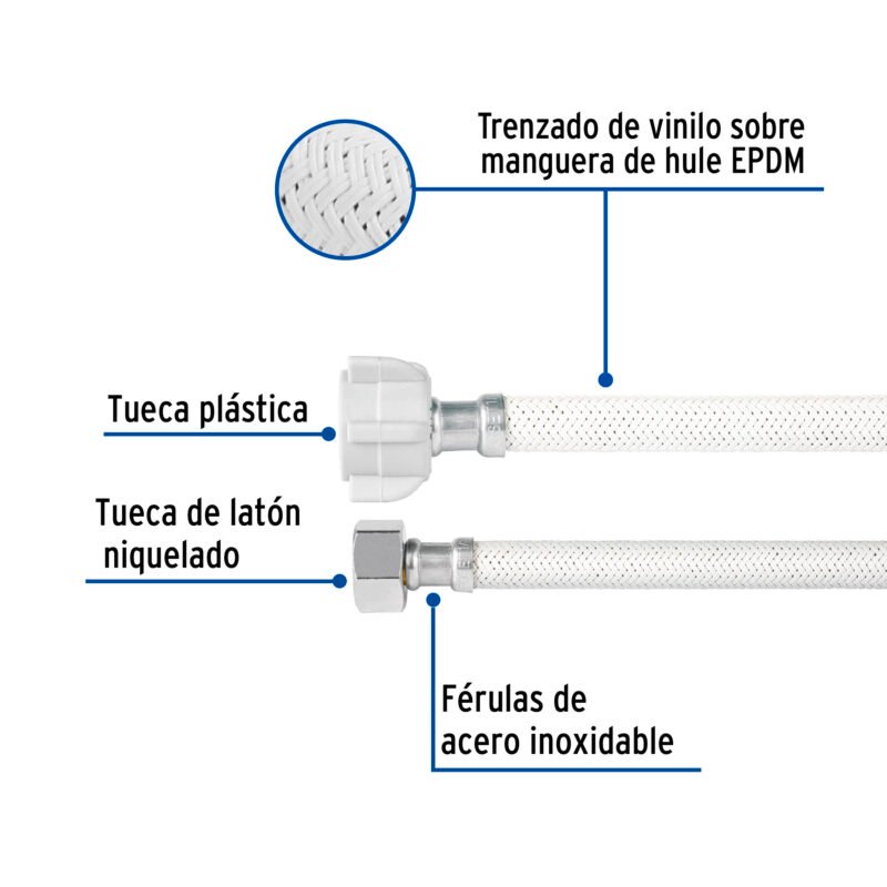 FWC-P50BFC1.jpg Código: 49521 Manguera p/WC vinilo blanco 1/2'x7/8', 50cm, plástico/latón FWC-P50B