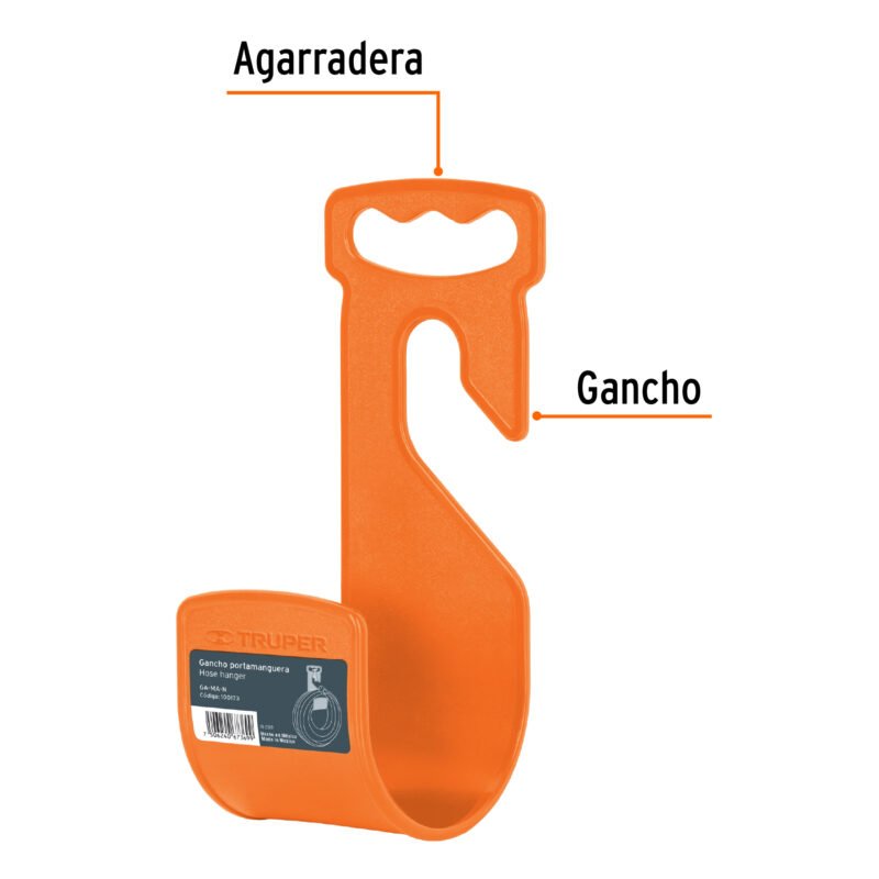 GA-MA-NFC1.jpg Código: 100173 Gancho plástico naranja para manguera de jardín, Truper GA-MA-N