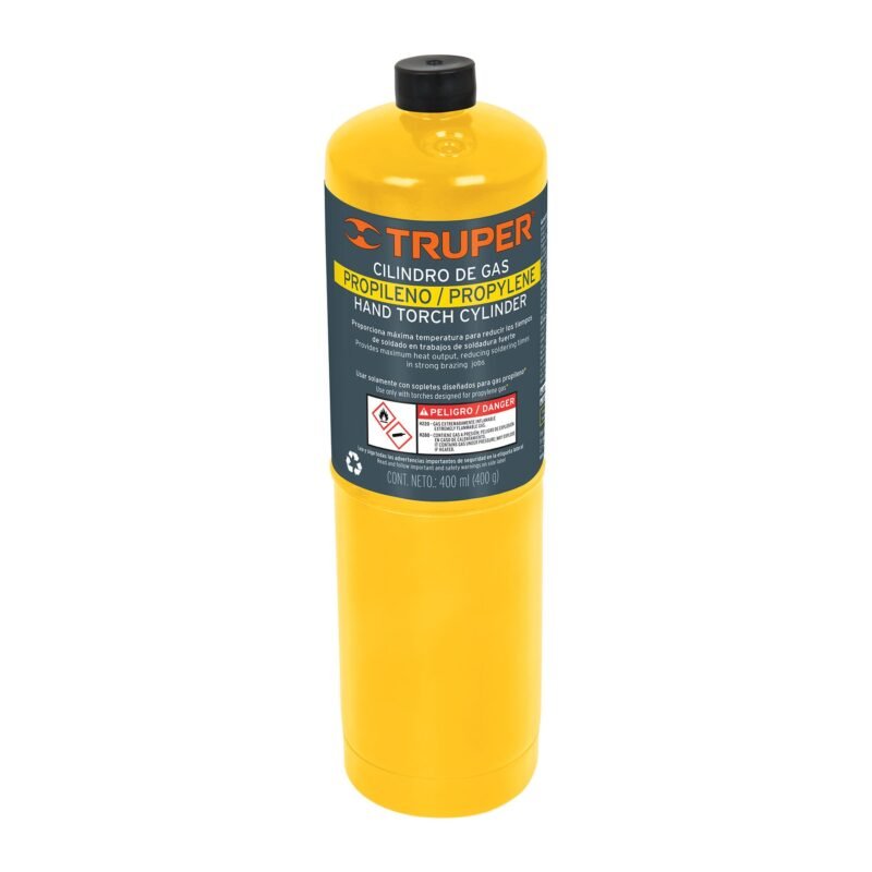 GAS-400N.jpg Código: 11914 Cilindro de gas propileno de 400g, amarillo, TRUPER GAS-400N