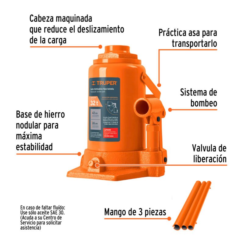 GAT-32FC1.jpg Código: 14819 Gato hidráulico de botella de 32 Ton, Truper GAT-32