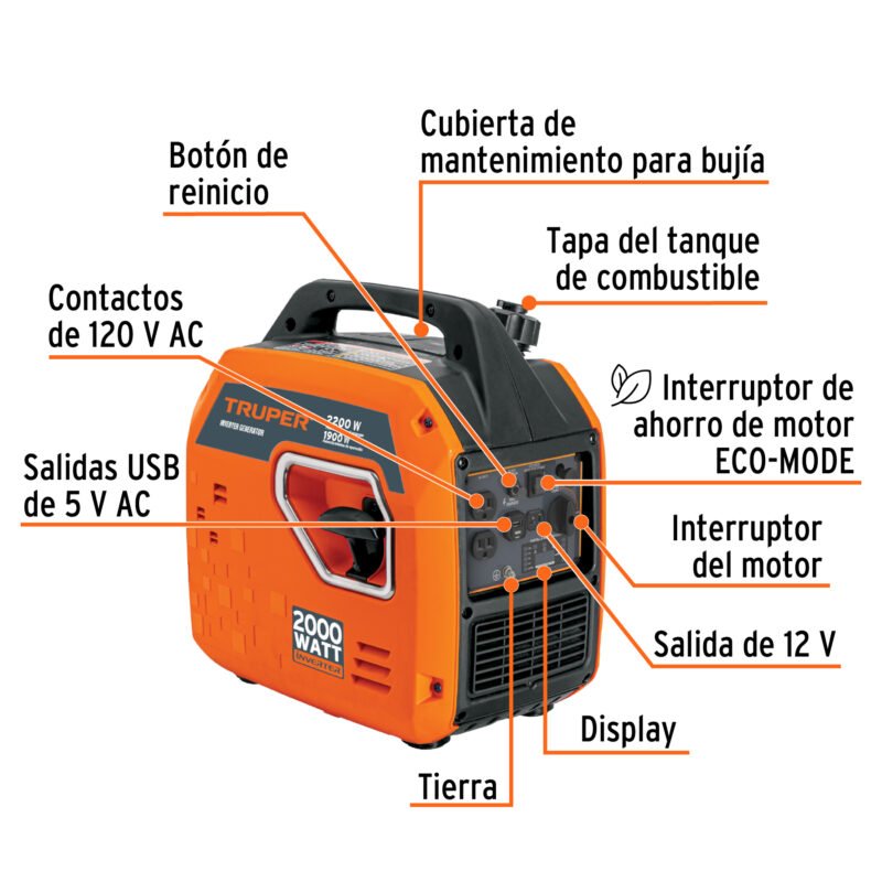 GEN-200FC1.jpg Código: 103278 Generador silencioso inverter 2.2kW, 80 cc, encendido manual GEN-200