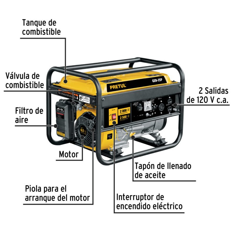 GEN-25PFC1.jpg Código: 26034 Generador portátil 2.5 kW motor a gasolina, PRETUL GEN-25P