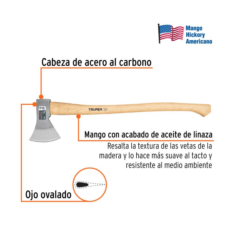 HE-1000FC1.jpg Código: 101768 Hacha europea 1000 g, mango hickory 28', Truper HE-1000