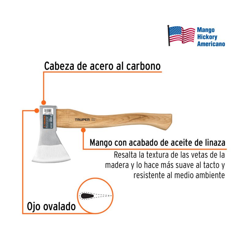 Código: 100494 Hacha europea, 800 g, mango hickory 15', Truper HE-800