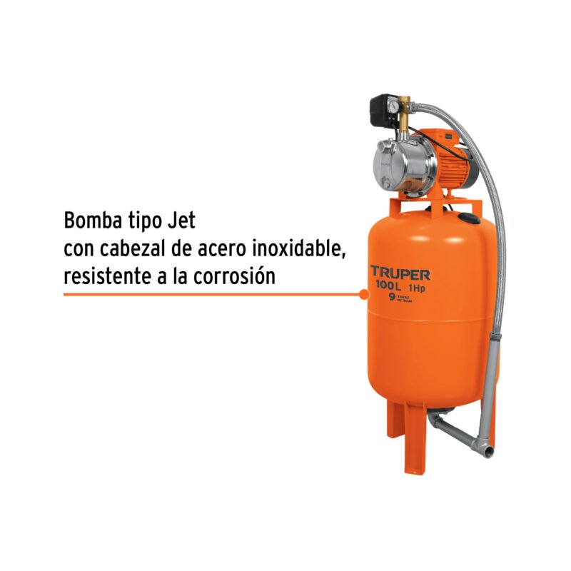 HIDR-1X100FC1.jpg Código: 12255 Equipo hidroneumático 100L, bomba Jet inox. 1 HP, TRUPER HIDR-1X100