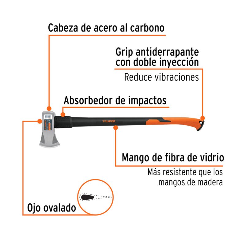 HM-4FXFC1.jpg Código: 11133 Hacha Michigan 4 lb, mango fibra de vidrio 34', Truper HM-4FX