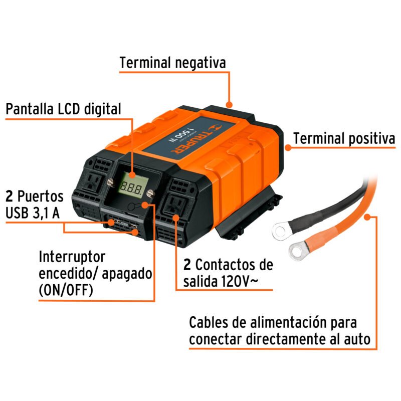 INCO-1500FC1.jpg Código: 10492 Inversor de corriente de 1500 W con puertos USB, Truper INCO-1500