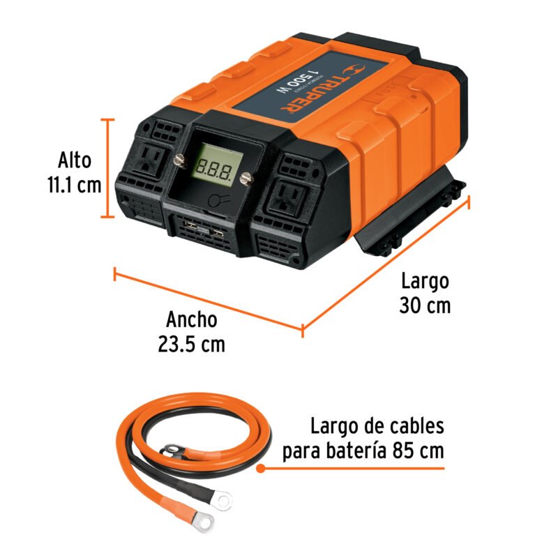 INCO-1500FC2.jpg Código: 10492 Inversor de corriente de 1500 W con puertos USB, Truper INCO-1500