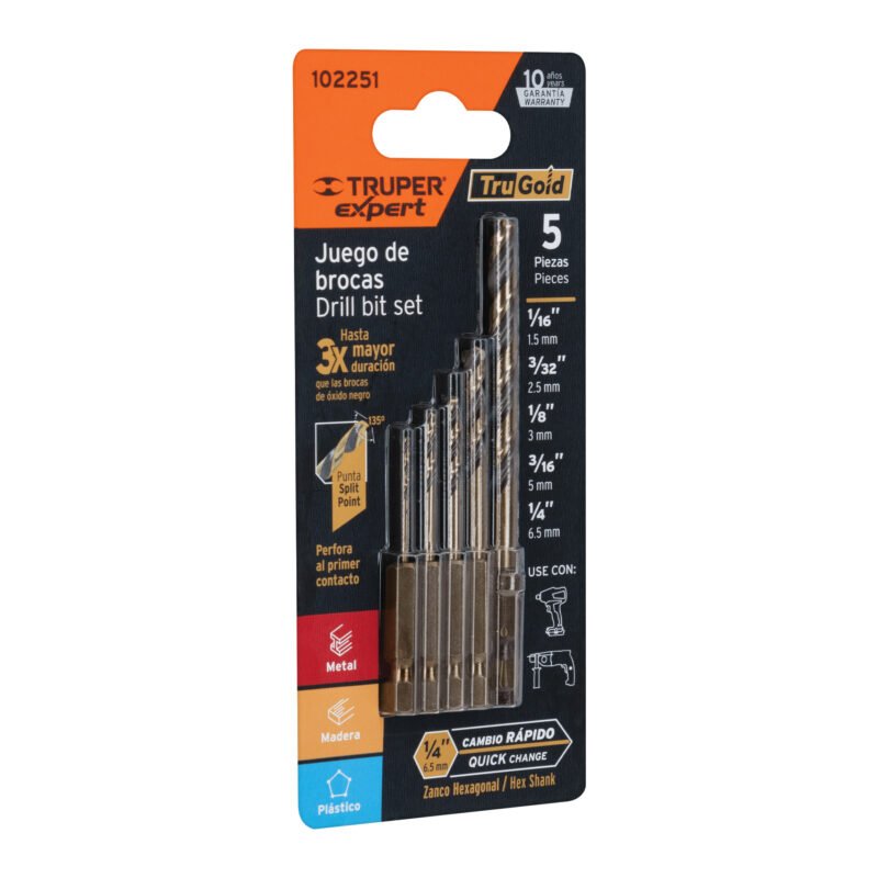 JBAV-5R.jpg Código: 102251 Juego de 5 brocas HSS para metal zanco cambio rápido, Expert JBAV-5R