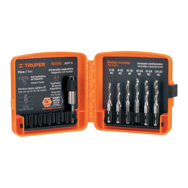 Código: 102335 Juego de 6 brocas HSS con machuelo para metal, Truper JBMT-6